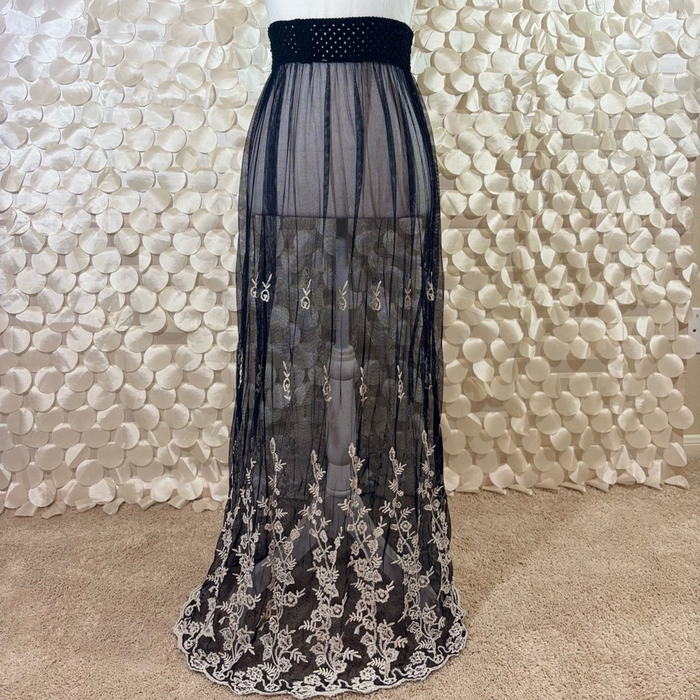Elegant Black Sheer Embroidered Skirt Swimsuit Cover